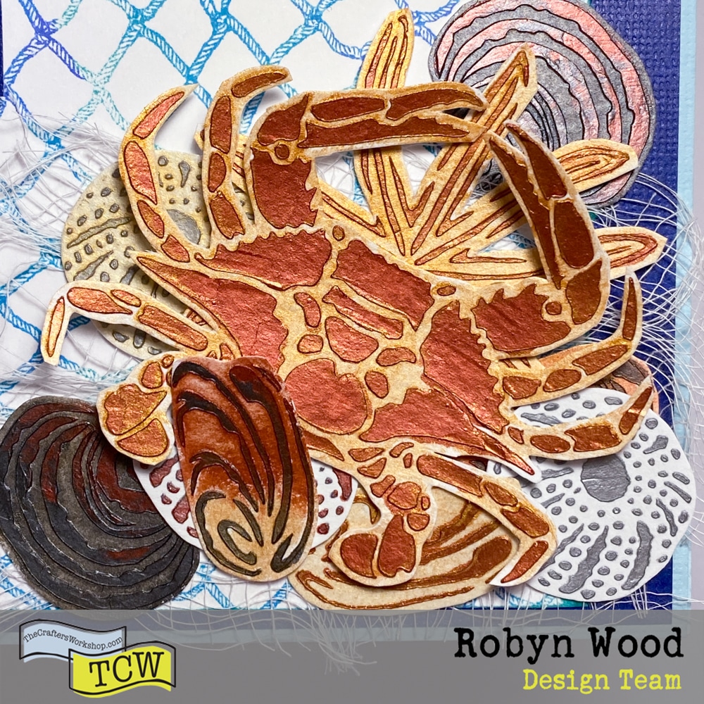 Corner detail of The Crafter's Workshop blog post - Shells by the seaside card – a stencilled card page by Robyn Wood