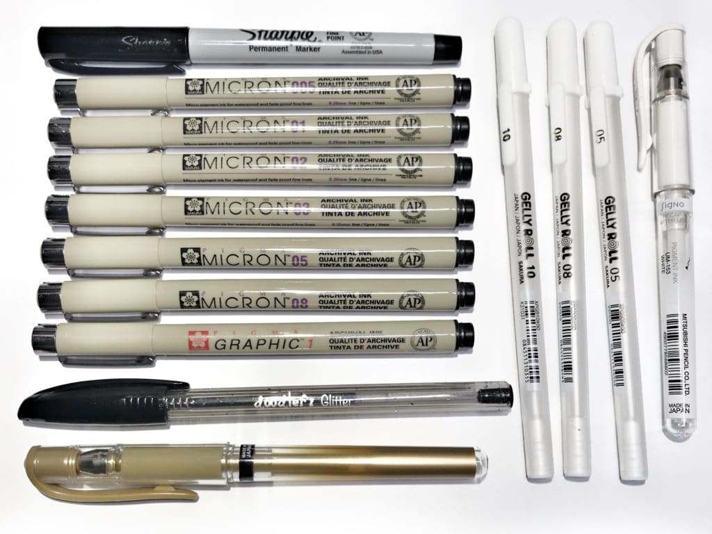 Black, White and Gold Drawing Pens 