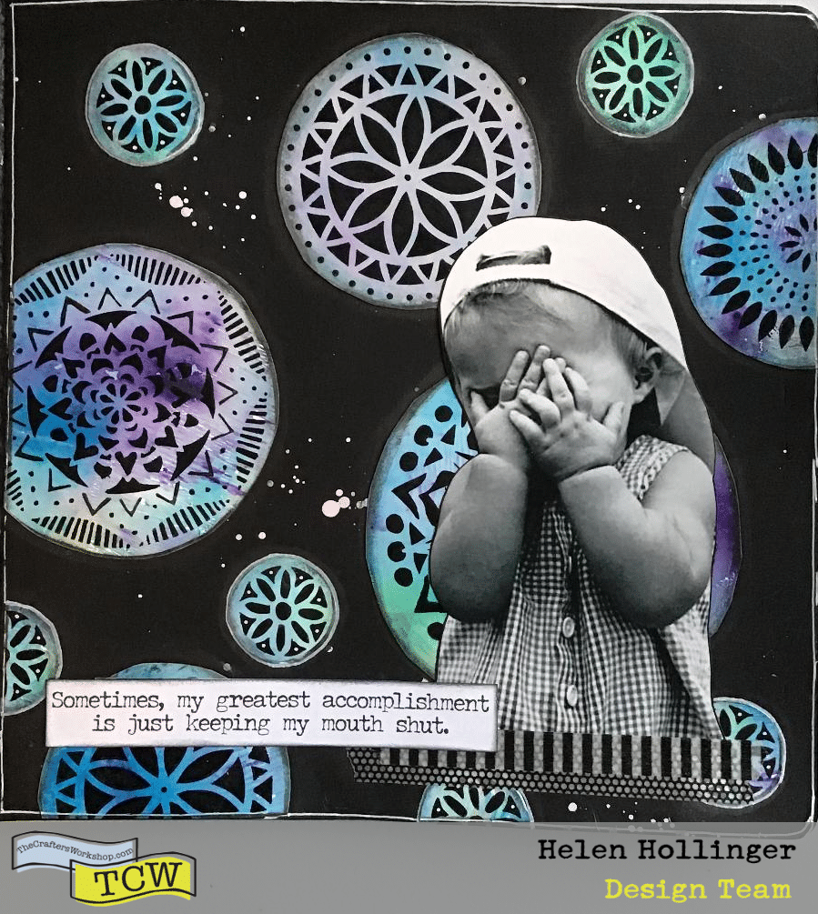 Finished art journal spread using mandal centers colored black onto gell press background paper, cut out into circles and added to black art journal, with image and sentiment