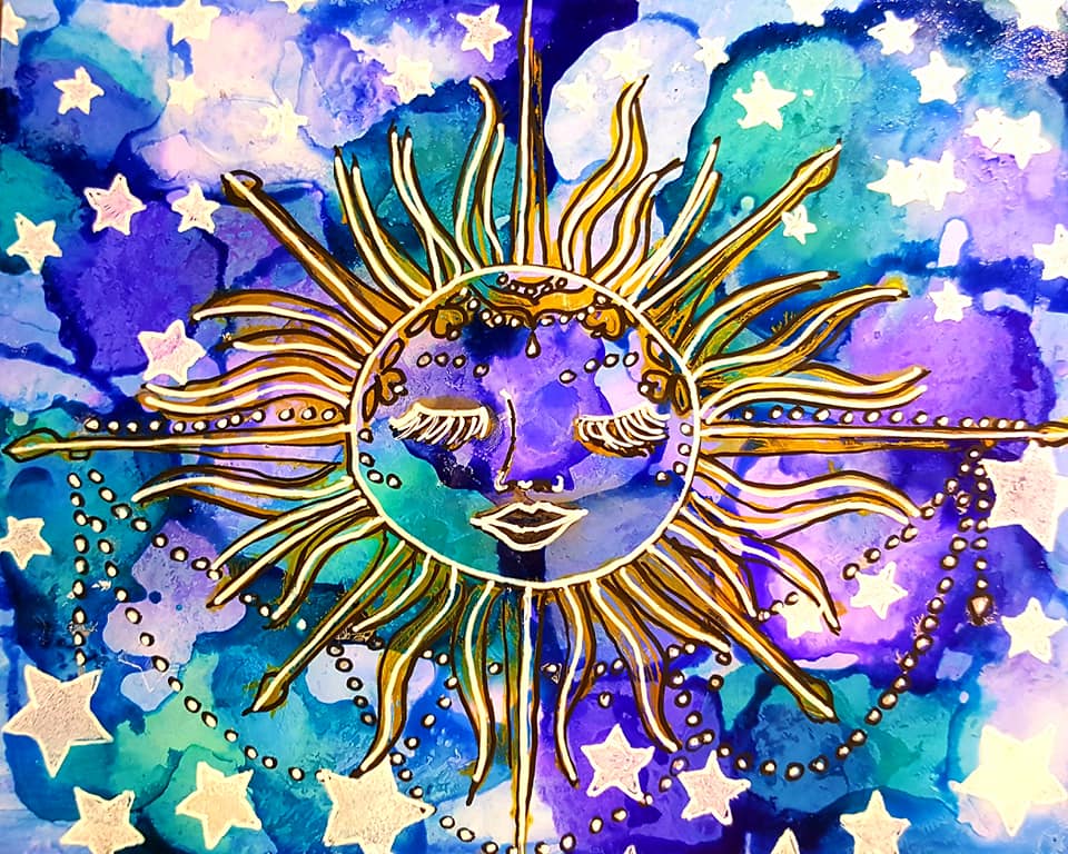 Yupo paper with bleu, purple, and turquoise alcohol inks beneath the Celestial sun and Star shower stencils traced with black, white, and gold Signo uni-ball pens.