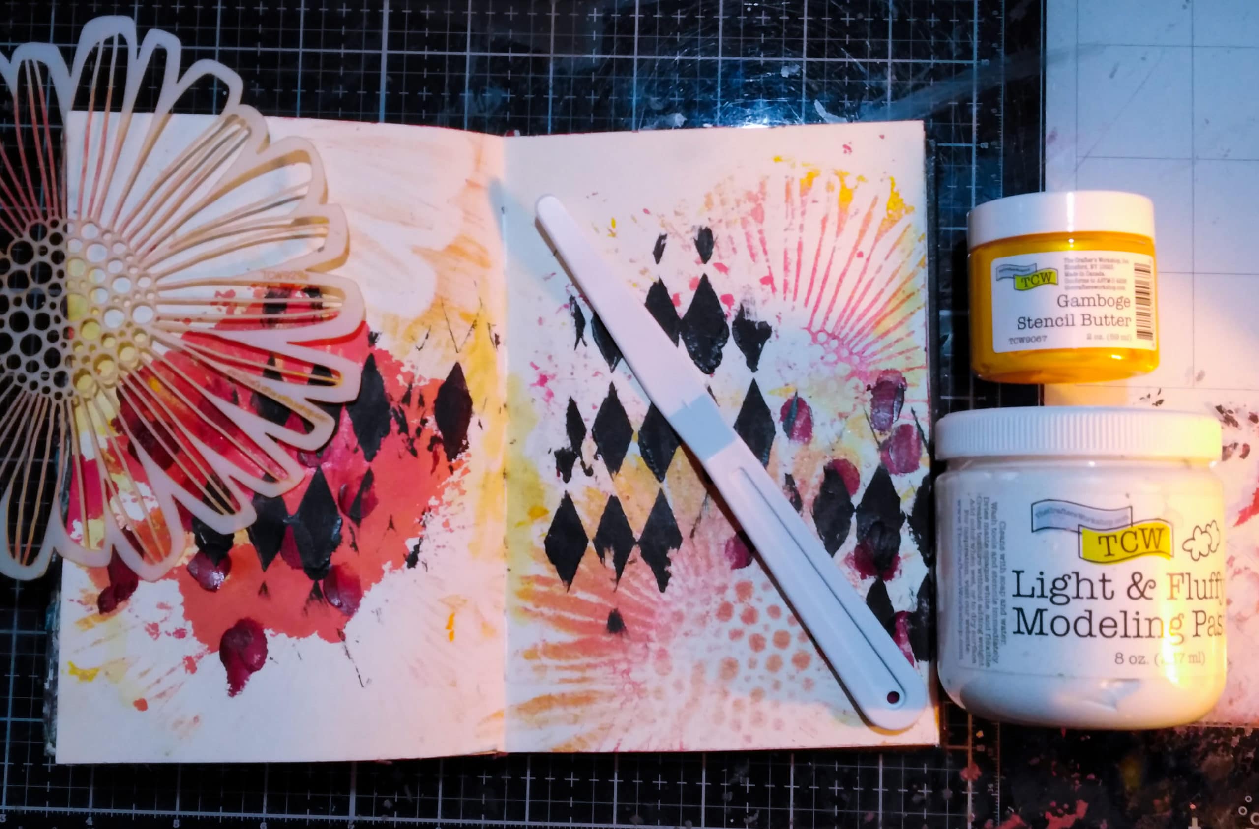 Art journal spread, background stenciling with the Crafter's Workshop stencils, modeling pastes and stencil butter
