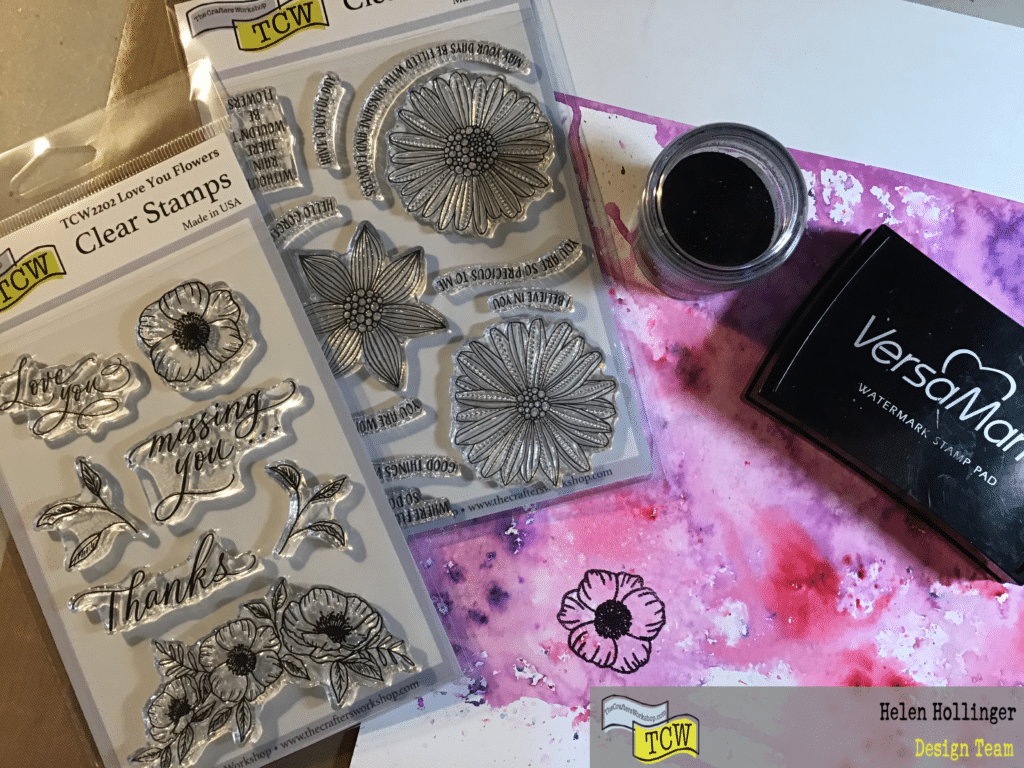 Using versamark, I stamped some flowers onto the dried watercolor paper and heat set using black embossing powder. The stamps used were TCW2208 Precious Sentiments and TCW2202 Love you clear stamps.