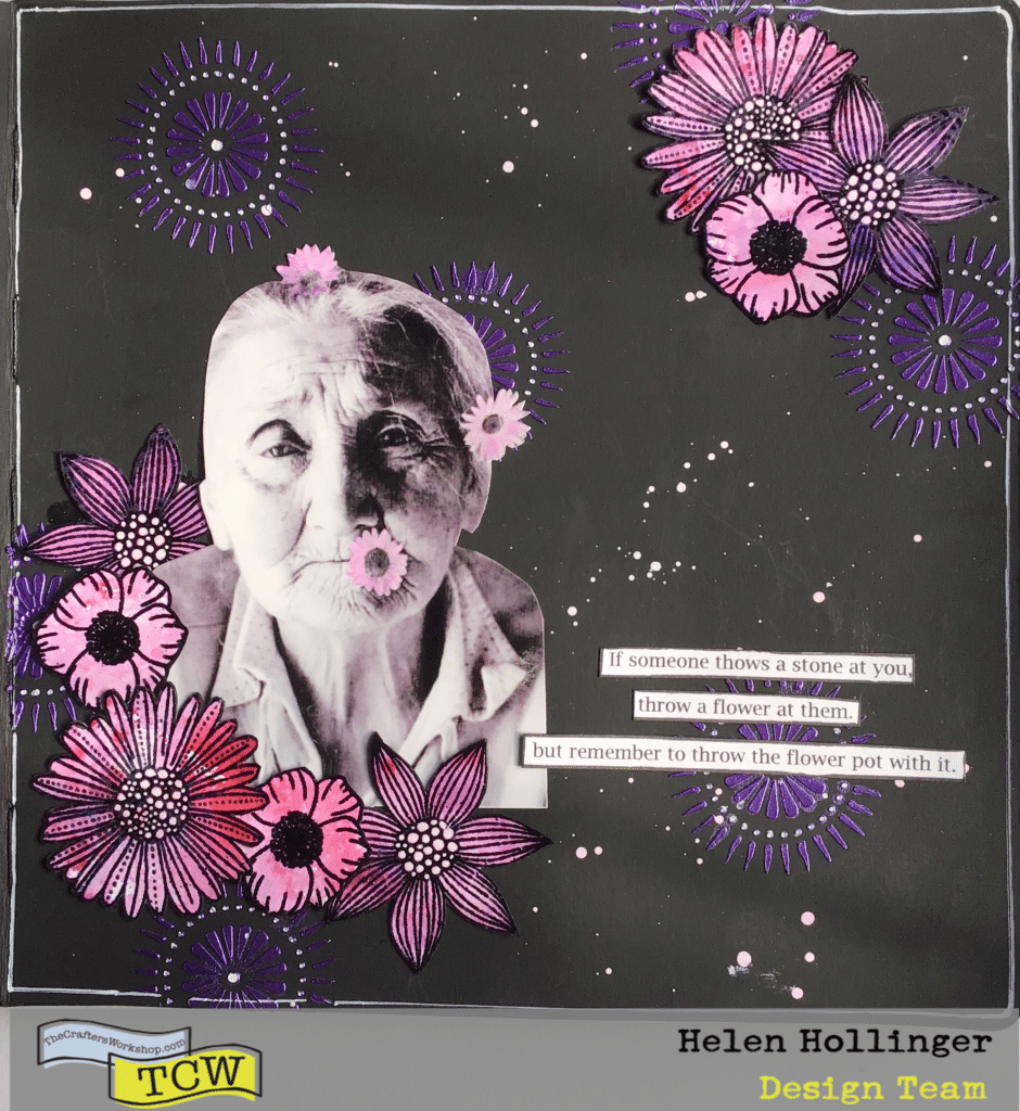 Finish off the art journal page with a lady image and add the flowers and sentiment. 