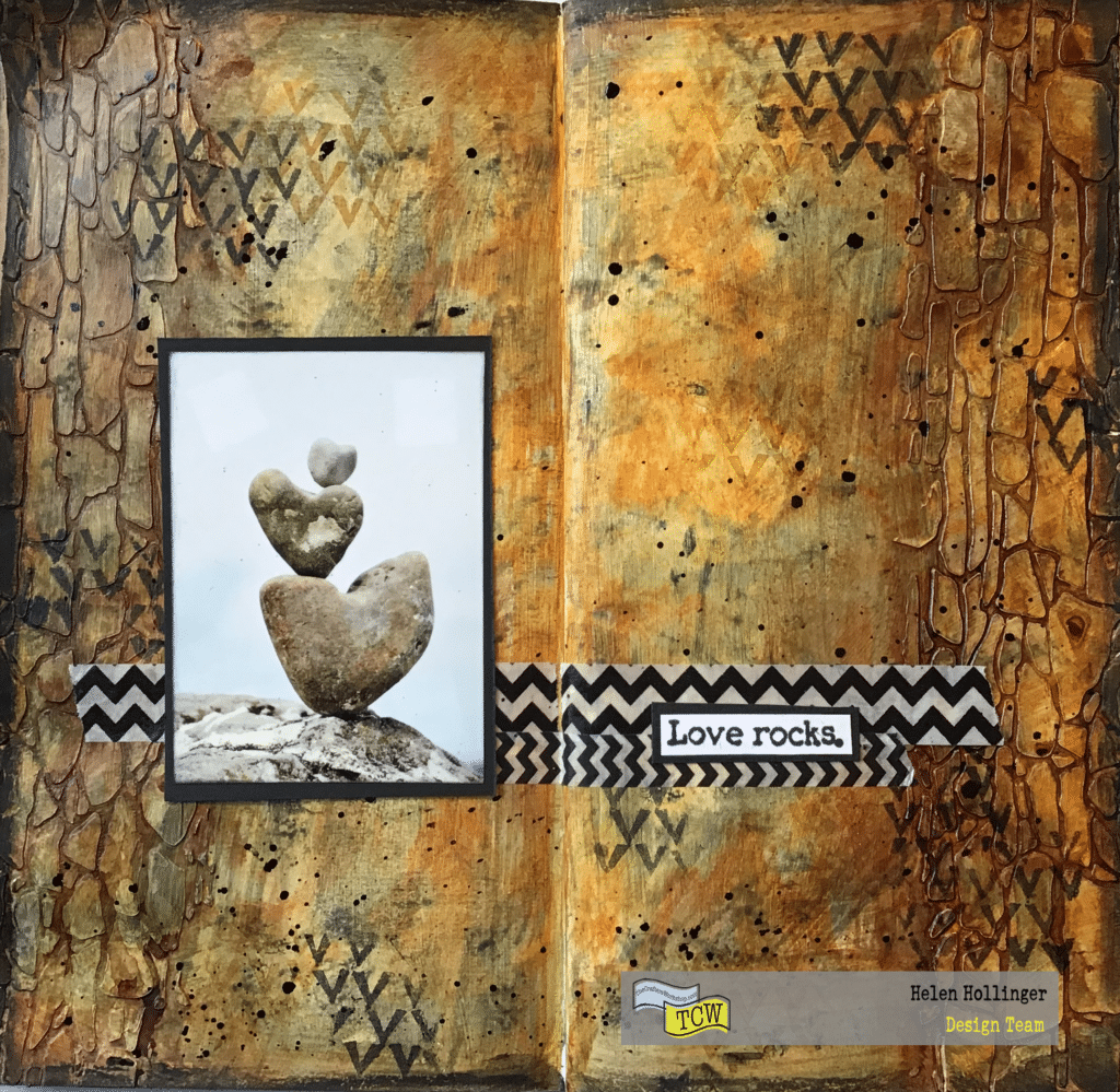 Traveler's Notebook finished spread using acrylic paints, stencil and stamps.