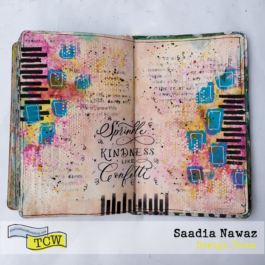 Art journal spread with stamps, acrylic paints, acrylic mediums and stencils 