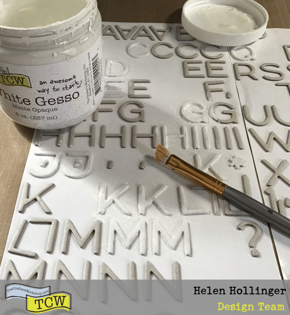 Use TCW9001 White Gesso to paint over some random chipboard letters and place in middle area of your art journal spread. 