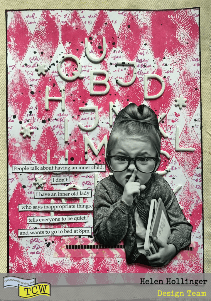 Finished art journal spread after adding some black splatters, some washi tape, my old school gal, and a sentiment. 