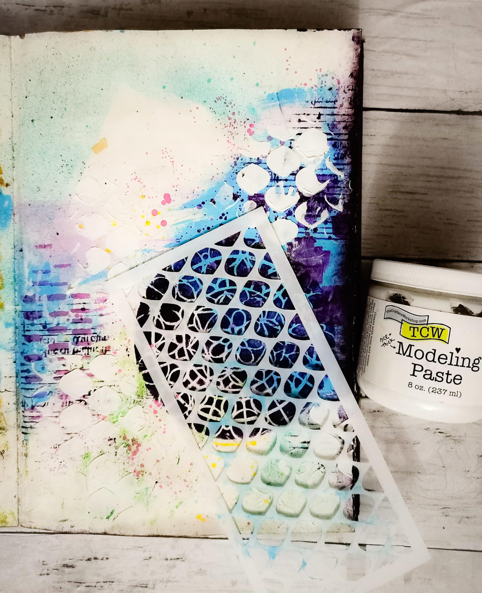 Art Journal page, modeling paste, stencil, background texture